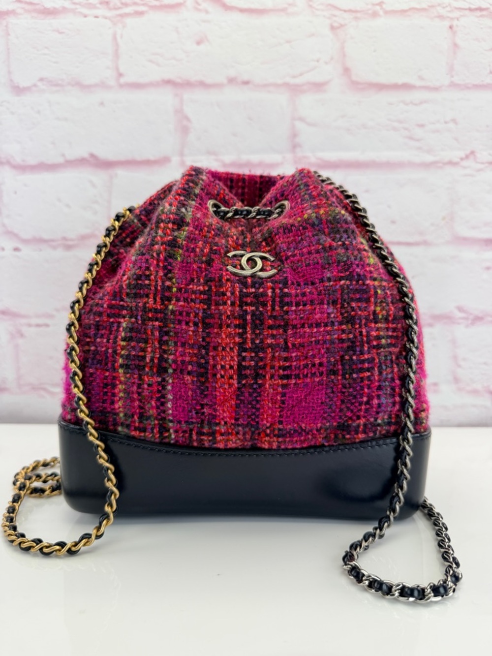 Chanel Tweed Calfskin Quilted Gabrielle Backpack Pink Multicolor